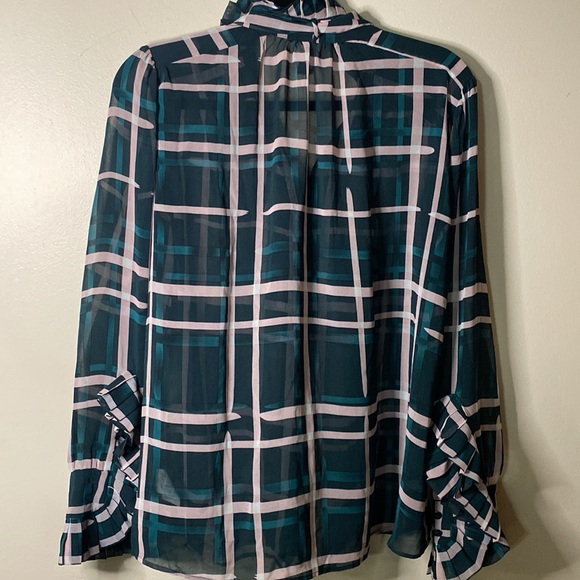CAbi Teal and Pink Plaid Blouse with Tie Neck and Ruffles - Picture 7 of 7